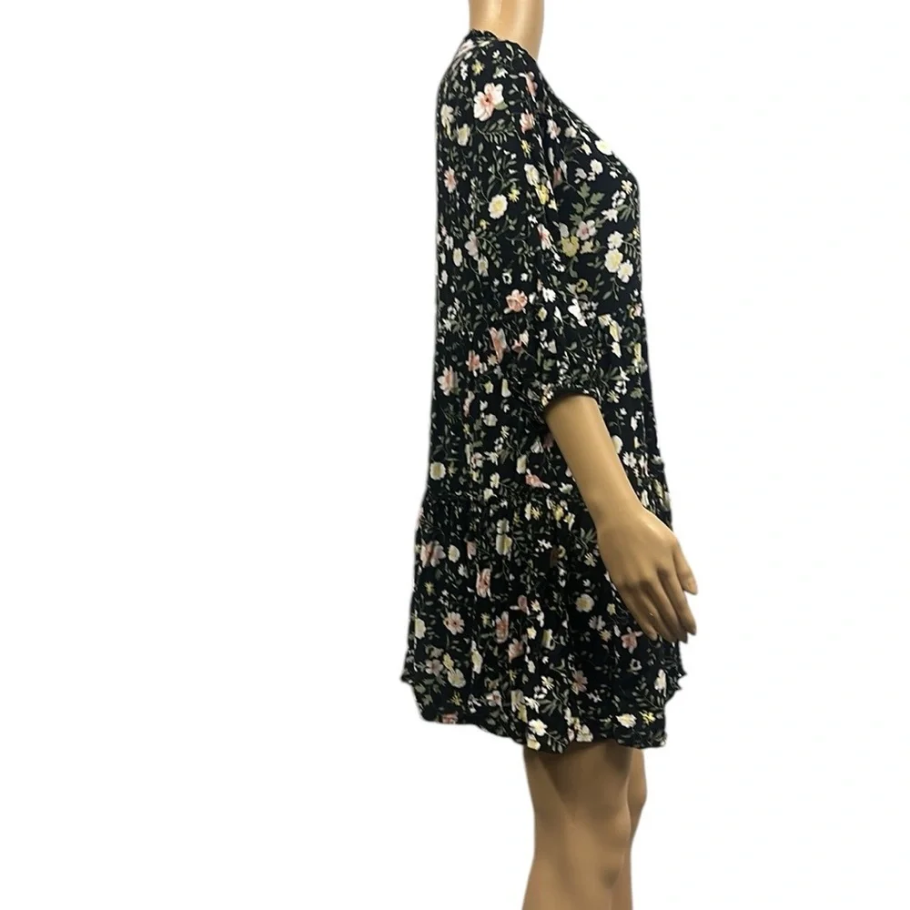 J Gee Black Floral Babydoll 3 Quarter Sleeve Half Button Up Dress Womens Small - Picture 3 of 7